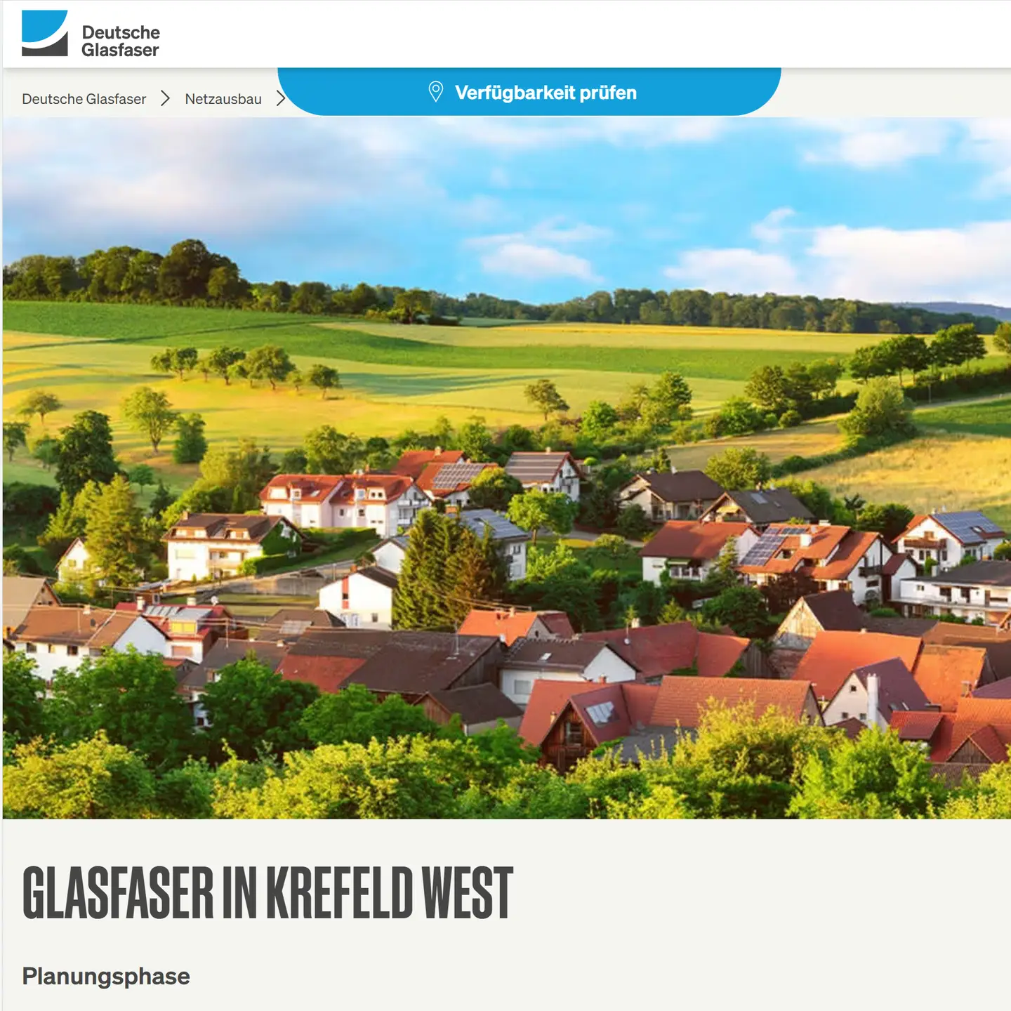 Screenshot von "Deutsche Glasfaser", Landschaftsbild, Schriftzüge "Glasfaser in Krefeld-West", PLANUNGSPHASE