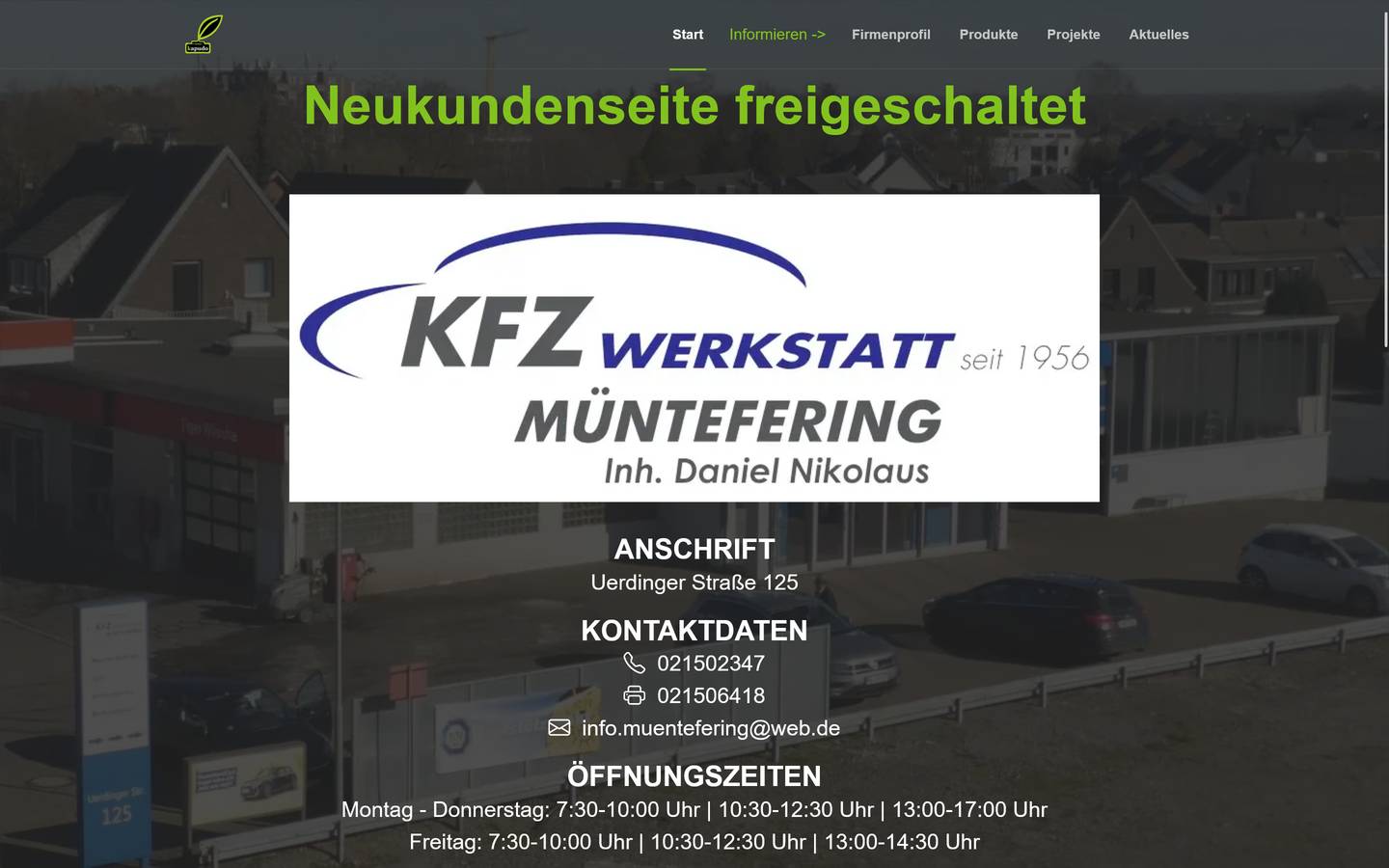 neukundenseite, Hintergrundbild der KFZ Werkstatt Müntefering, oben Navigationsleiste zu Teilen unserr Website, darunter das Logo und die Informationen zur Autowerkstatt Lank