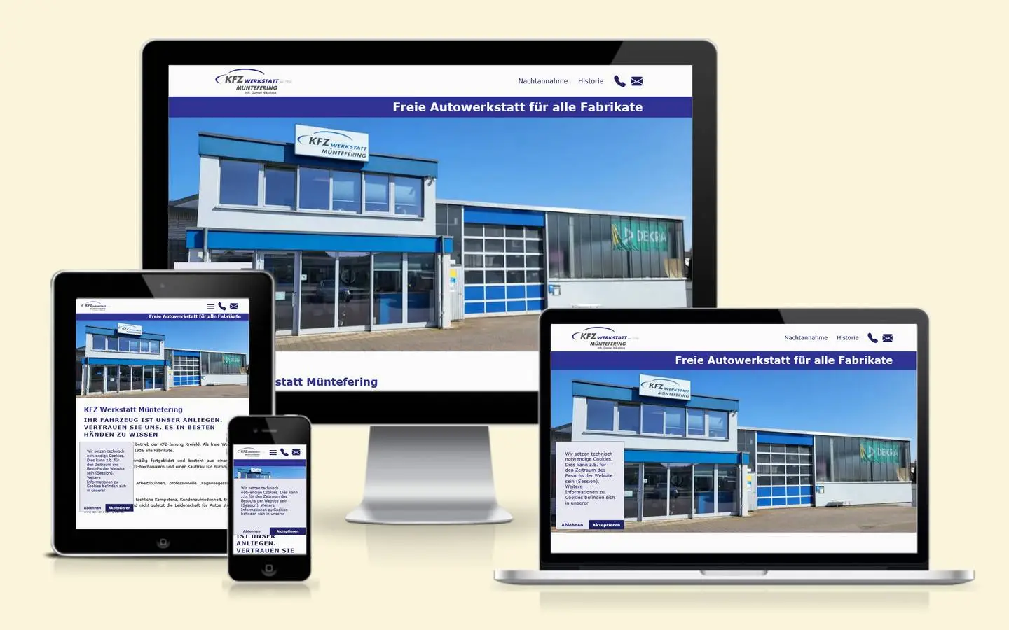 Screenshot der Website von KFZ-Werkstatt Müntefering, in den verschiedenen Responsiveansichten auf Desktop-PC, Laptop, Tablet und Smartphone