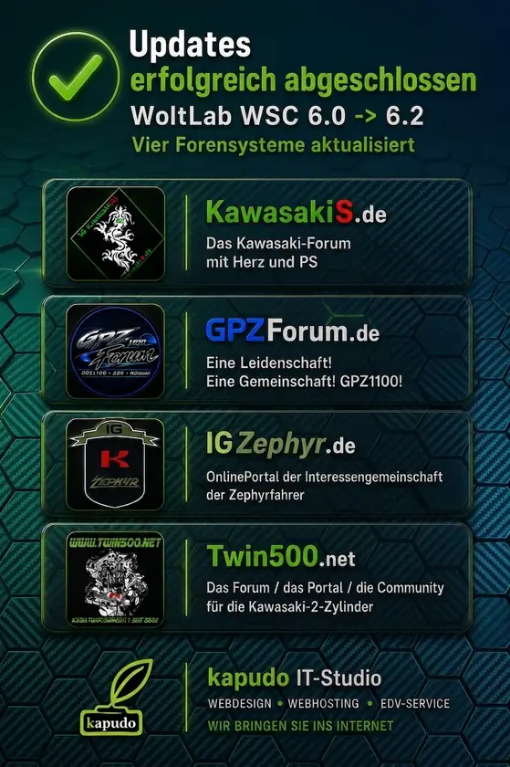 23.08.2026: Abschlussmeldung zur Abwesenheit wegen Systemupgrades an WoltLab-Foren! Background Carbon, darauf 4 Cards mit Logos und Beschreibung der 4 Foren der KawasakiS, GPZForum, IGZephyr und Twin500 und am Ende das Logo von kapudo mit unserem Namen und Slogan